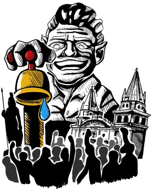 Caricatura de Pablo Lemus con la mano en una llave de la que cae una gota, sobre la Catedral de Guadalajara y una multitud que protesta